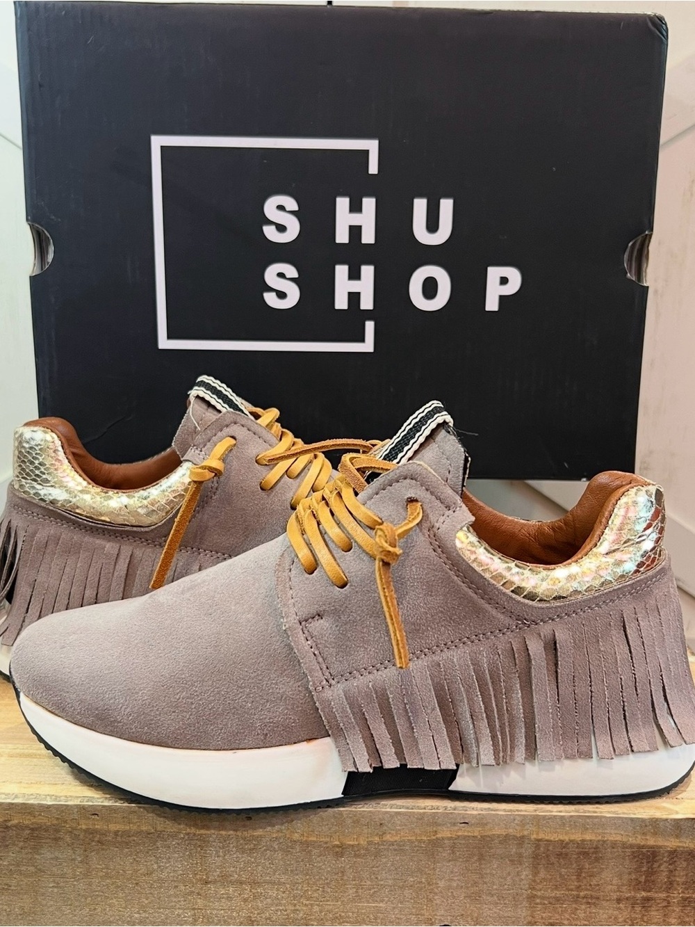 Shu Shop Pepa Grey Suede Western Fringe Tennis Shoes Sneakers size 6 NIB